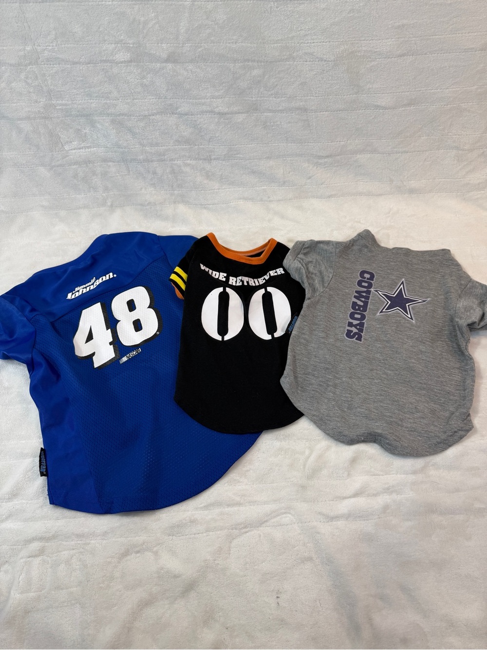 3 used (machine washed) Dog outfits size lg & med Nascar #48, Cowboys, Retreiver
